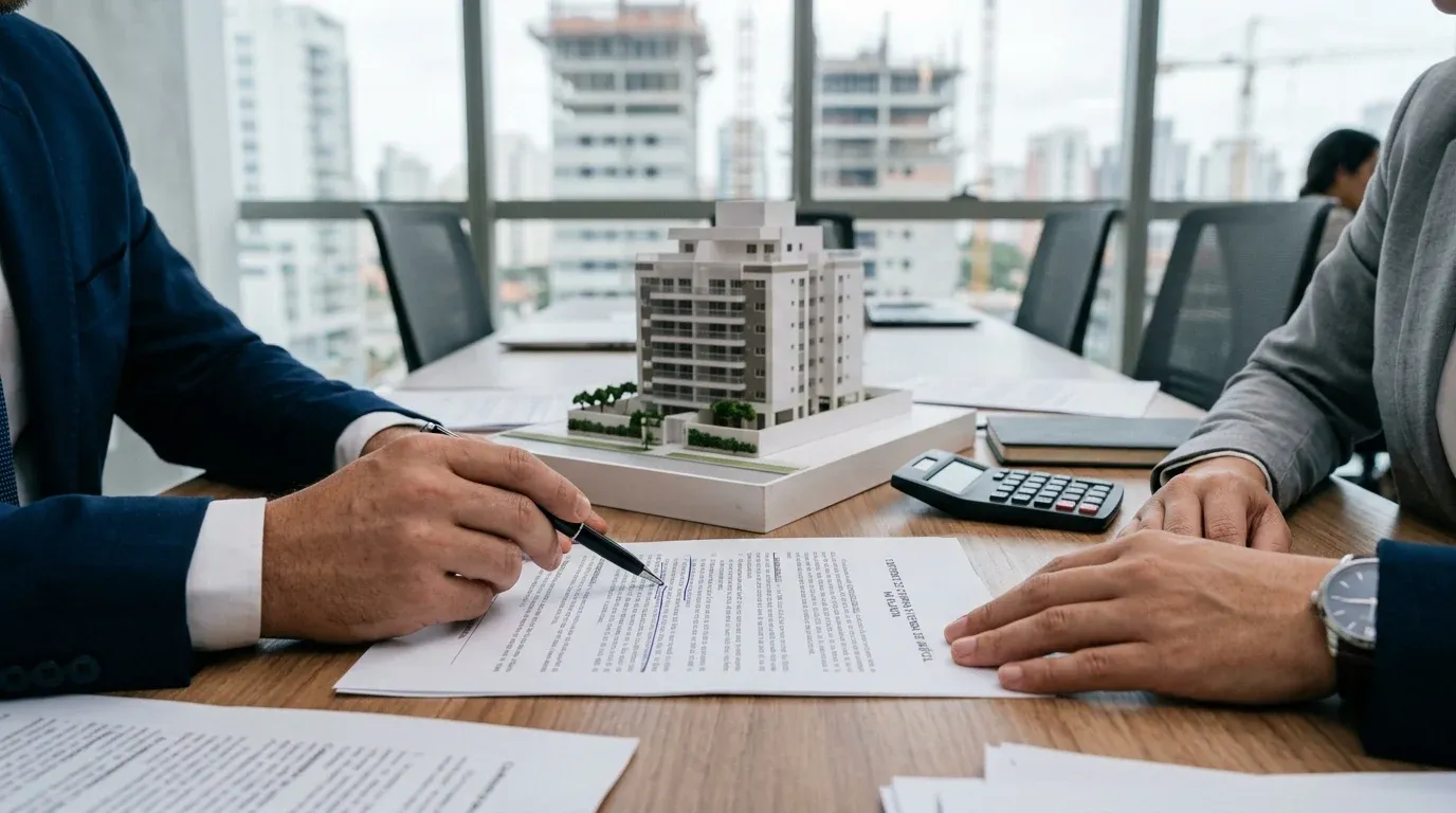 Advogado e executivo revisando contrato de imóvel na planta ao lado de maquete de edifício em mesa de reunião